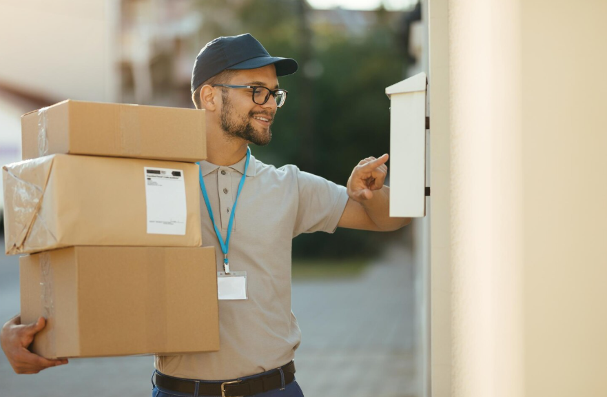 Delivery worker carrying packages to a doorstep, illustrating how package delivery works.