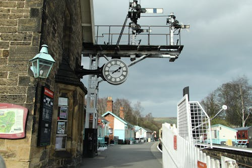 Railway station clock illustrating how time zones were created to standardize train schedules.