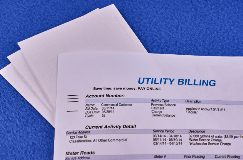 Utility billing statement illustrating how utility bills are calculated through service charges, meter readings, and usage.