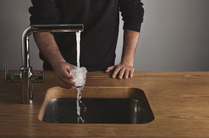 Clean water filling a glass, illustrating how water gets to your faucet through distribution systems.