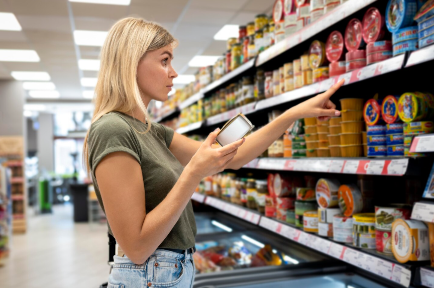 Shopper comparing grocery shelf prices, illustrating why products cost more through retail.